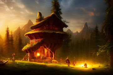 Fototapeta premium Elven treehouses cinematic wallpaper landscape.