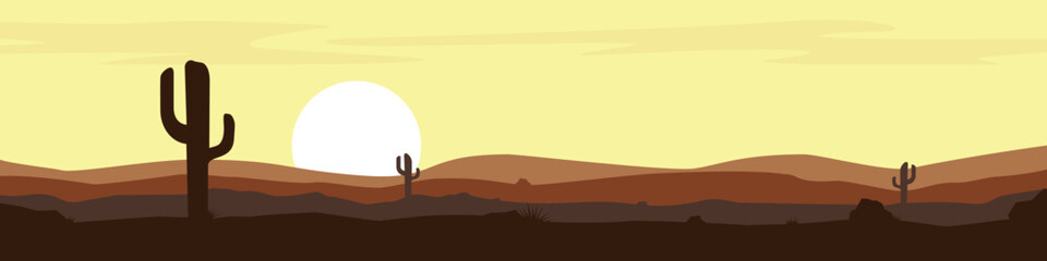 Desert landscape. Sunset in the desert with mountains and cactus. Cartoon style. Vector illustration. 
