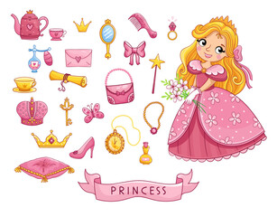 Big set of a beautiful little princess and design elements. Accessories for a doll in a cartoon style. Vector illustration.