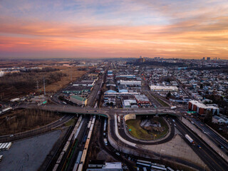 Fototapeta premium Aerial Drone of Jersey City Sunrise 