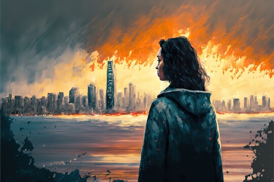 A girl looks at a burning city