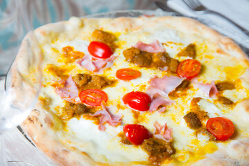 Sausage Pizza. Neapolitan pizza with tomato sauce, cheese, pork sausage meat. Authentic Italian recipe.