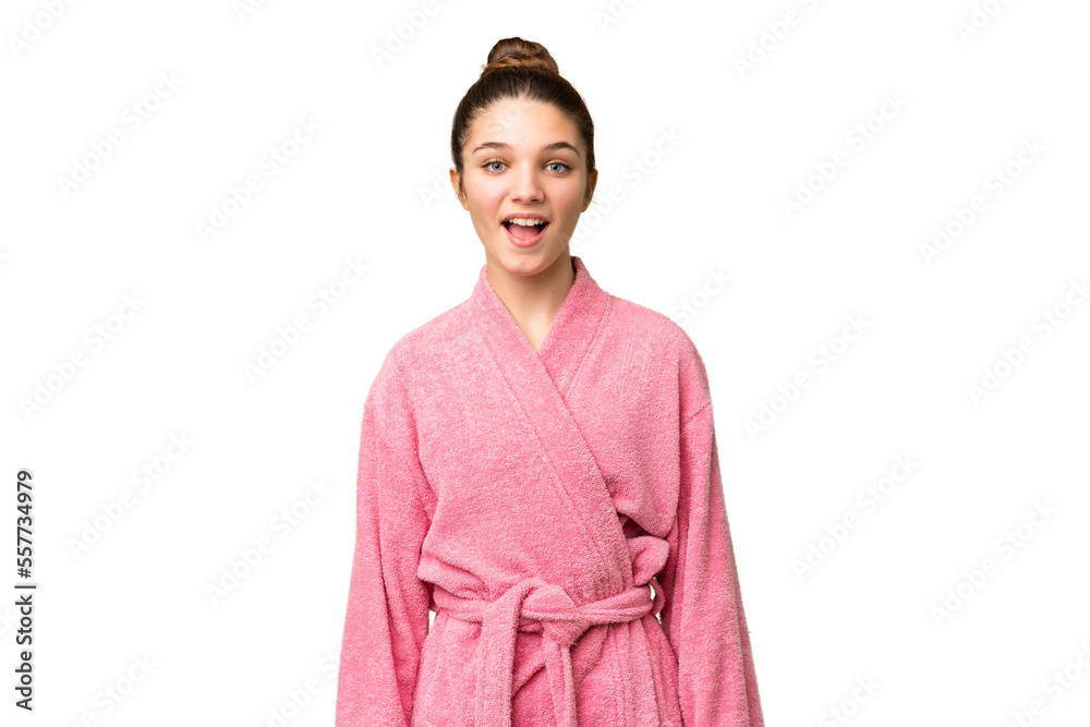 Canvas Prints Teenager girl in a bathrobe over isolated chroma key background with surprise facial expression