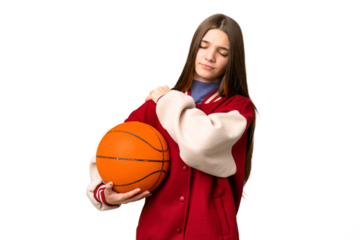 Teenager girl playing basketball over isolated chroma key background suffering from pain in shoulder for having made an effort