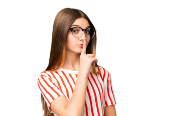 Teenager girl over isolated chroma key background With glasses and doing silence gesture