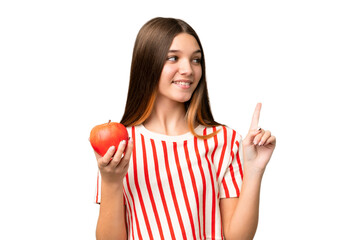 Teenager girl with an apple over isolated chroma key background intending to realizes the solution while lifting a finger up