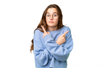 Teenager girl over isolated chroma key background pointing to the laterals having doubts