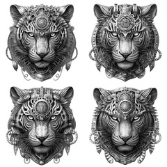 Set of Symmetrical Steampunk Tiger Head in Grayscale Sketch Style with White Background made by Generative AI