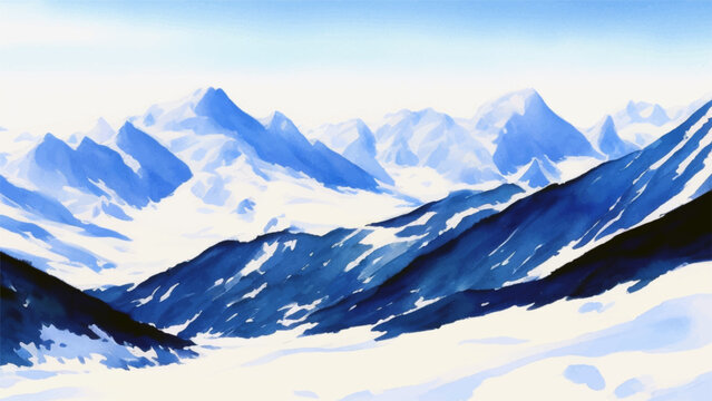 Beautiful Snowy Mountains Landscape Watercolor Painting Vector Illustration