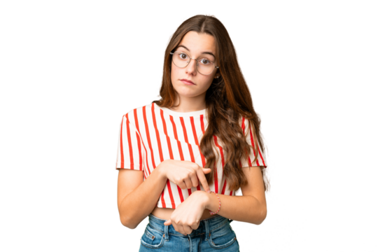 Teenager girl over isolated chroma key background making the gesture of being late