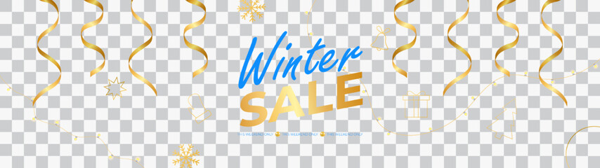 Winter sale background with golden ribbon. Golden Christmas icon with realistic garland and confetti. Transparent background. Sale template. End of Winter Sale Background. Vector Illustration