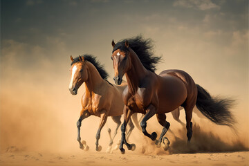 Obraz na płótnie Canvas two Majestic Arabian stallion horses galloping against a dramatic desert backdrop, capturing the essence and spirit of the breed. Perfect for Arabian horse enthusiasts. generative ai 