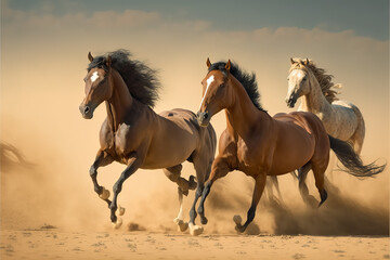 Fototapeta na wymiar three Arabian stallion horse running in action at Sahara desert generative ai