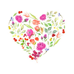 Plakat Heart made of watercolor floral. Valentine's Day card. Hand drawn illustration isolated on white background. For packaging, wrapping design, wedding or print.