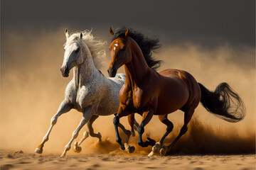 two Majestic Arabian stallion horses galloping against a dramatic desert backdrop, capturing the essence and spirit of the breed. Perfect for Arabian horse enthusiasts. generative ai   