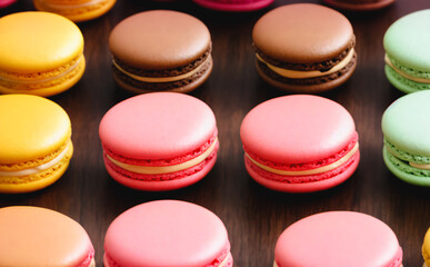 a lot of macaron with different color on wooden floor.