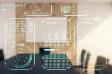 Double exposure of abstract virtual statistics data hologram on a modern meeting room background, statistics and analytics concept