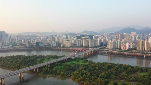 [korea drone footage] Han river landscape, Korea, Seoul, Yeouido, Mini island