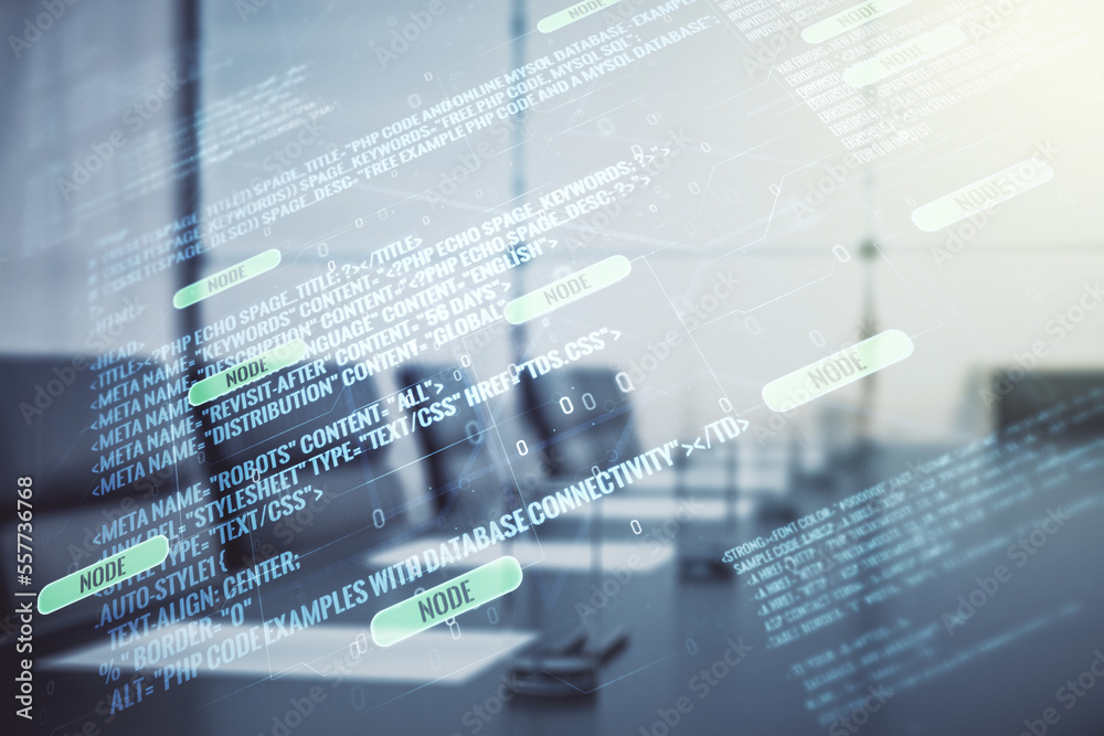Poster double exposure of abstract programming language interface on a modern meeting room background, rese