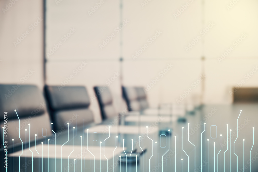 Poster abstract virtual micro circuit sketch on a modern boardroom background, future technology and ai con