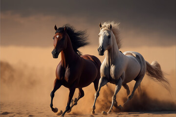 two Majestic Arabian stallion horses galloping against a dramatic desert backdrop, capturing the essence and spirit of the breed. Perfect for Arabian horse enthusiasts. generative ai   