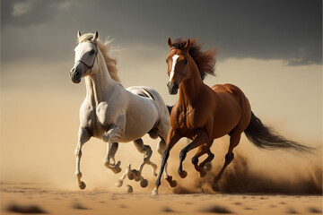 two Majestic Arabian stallion horses galloping against a dramatic desert backdrop, capturing the essence and spirit of the breed. Perfect for Arabian horse enthusiasts. generative ai  