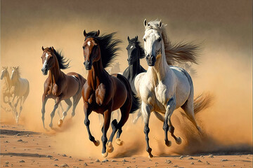 group OF  Arabian stallion horse running in action at Sahara desert  generative ai 