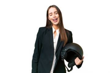 Young Asian woman with a motorcycle helmet over isolated chroma key background laughing