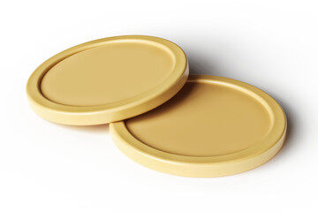 Template of two matte golden tokens lying down. Illustration suitable for cryptocurrency and financial concepts design. High quality 3D rendering.