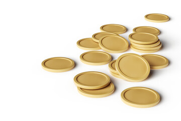 Mockup of coins or golden tokens randomly scattered on a surface viewed from above, suitable for financial design concepts.  High quality 3D rendering.