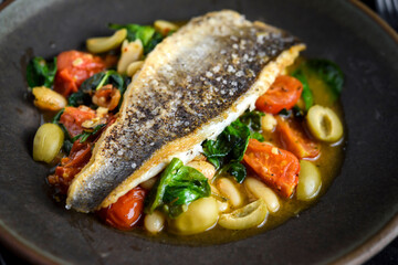 Seared Sea Bass with Lemon-Olive White Beans