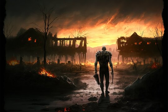 Zombies roam the burning cemetery