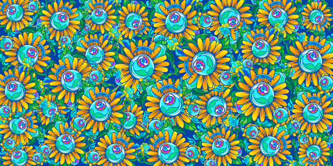 Smiling Sunflower Monster and Blue Eyes Perfect For Pattern