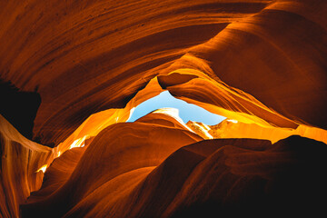 narrow cliff walls of the antelope canyon when looking up  - Powered by Adobe