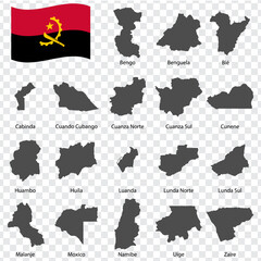 Naklejka premium Eighteen Maps provinces of Angola - alphabetical order with name. Every single map of province are listed and isolated with wordings and titles. Angola. EPS 10. 