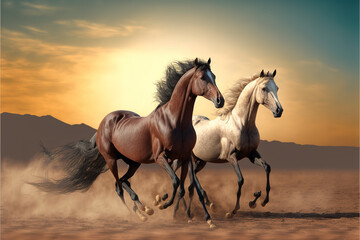 Fototapeta na wymiar two Horses stallion with long mane portrait run gallop iat Sahara Desert generative ai