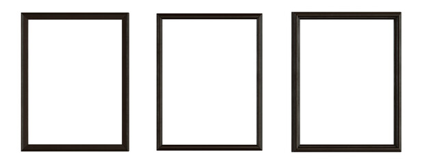 Isolated dark wood picture frame set. 3:4 aspect ratio. 3D rendering