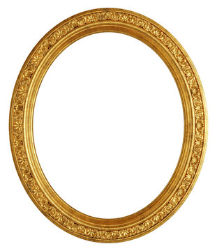 Golden oval ornate picture frame isolated. 3D rendering