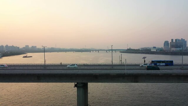 [korea drone footage] Han river landscape, Korea, Seoul, Yanghwa Bridge