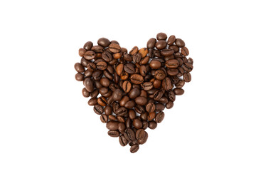 Heart shaped coffee beans isolated on white background. Place for copy space. Place for text. MOCAP
