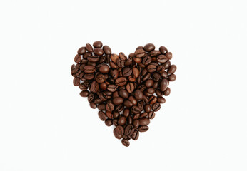 Heart shaped coffee beans isolated on white background. Place for copy space. Place for text. MOCAP