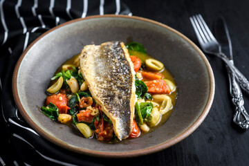 Seared Sea Bass with Lemon-Olive White Beans
