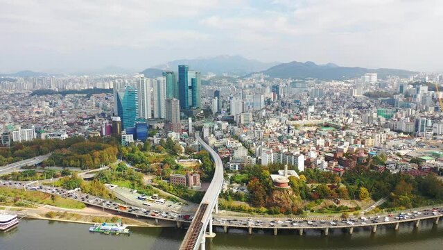 [korea drone footage] Han river landscape, Korea, Seoul, Yanghwa Bridge