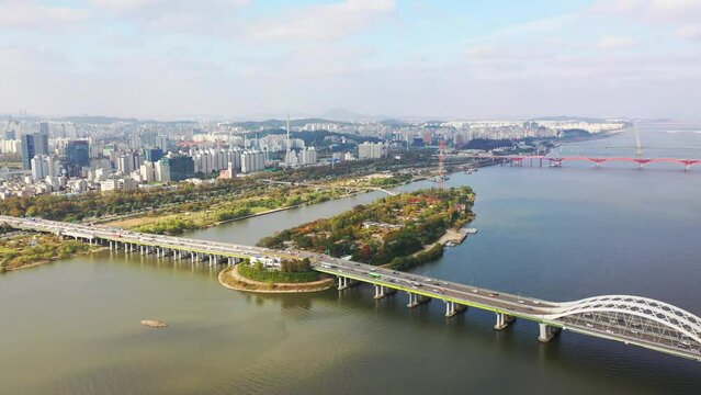 [korea drone footage] Han river landscape, Korea, Seoul, Yanghwa Bridge