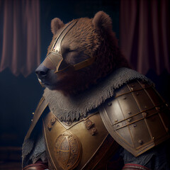 Brown bear in medieval armor, generative ai