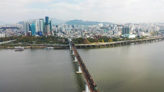 [korea drone footage] Han river landscape, Korea, Seoul, Dangsan Railway