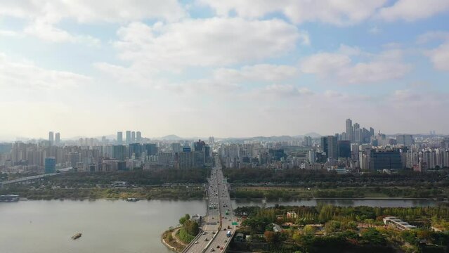 [korea drone footage] Han river landscape, Korea, Seoul, Yanghwa Bridge