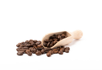 Coffee beans in a wooden spoon isolated on white background. Place for copy space. Place for text. MOCAP