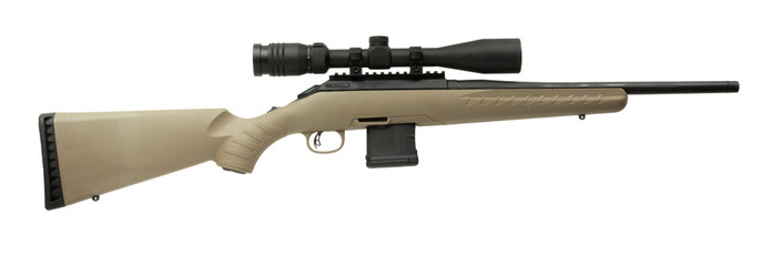 Scope mounted on a rifle chambered in 556 on white