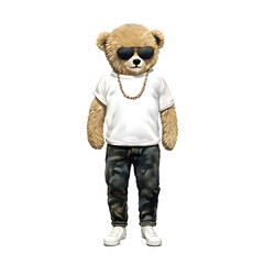 teddy bear wearing sunglasses and white t-shirt